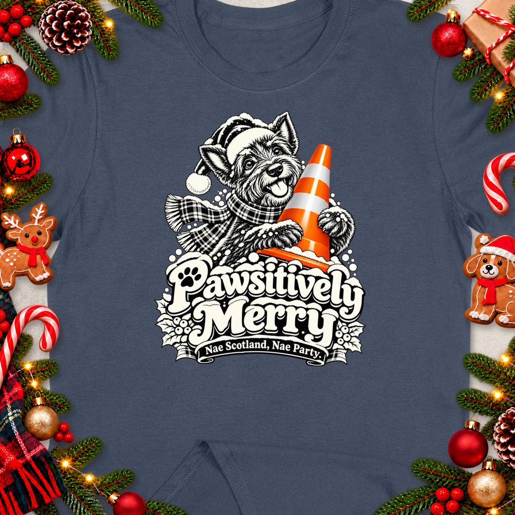 Dog wearing Santa hat and scarf, holding traffic cone, with text "Pawsitively Merry".