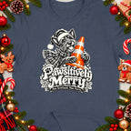 Dog wearing Santa hat and scarf, holding traffic cone, with text "Pawsitively Merry".