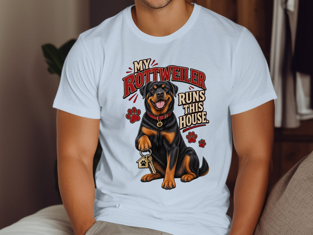 Rottweiler graphic on white t-shirt with text "My Rottweiler Runs This House".
