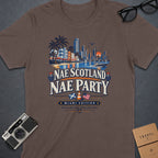 T-shirt with "Nae Scotland Nae Party Miami Edition" text and Miami skyline graphic.