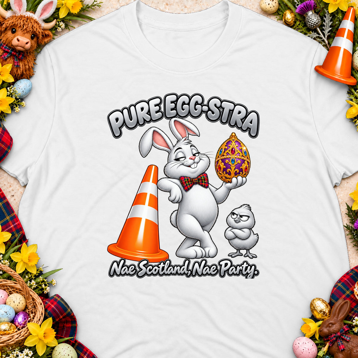 White t-shirt featuring cartoon rabbit holding an ornate egg, with a chick and traffic cone.