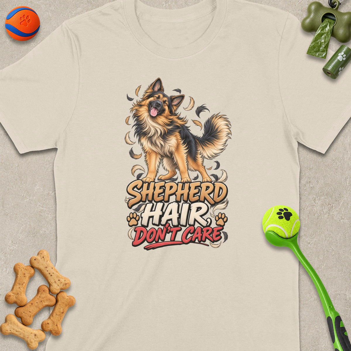 T-shirt with German Shepherd illustration and text "Shepherd Hair Don't Care".