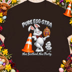 White rabbit holding jeweled egg, with chick, traffic cone, and text.