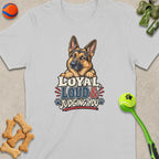 German Shepherd graphic with text "Loyal, Loud & Judging You" on t-shirt.