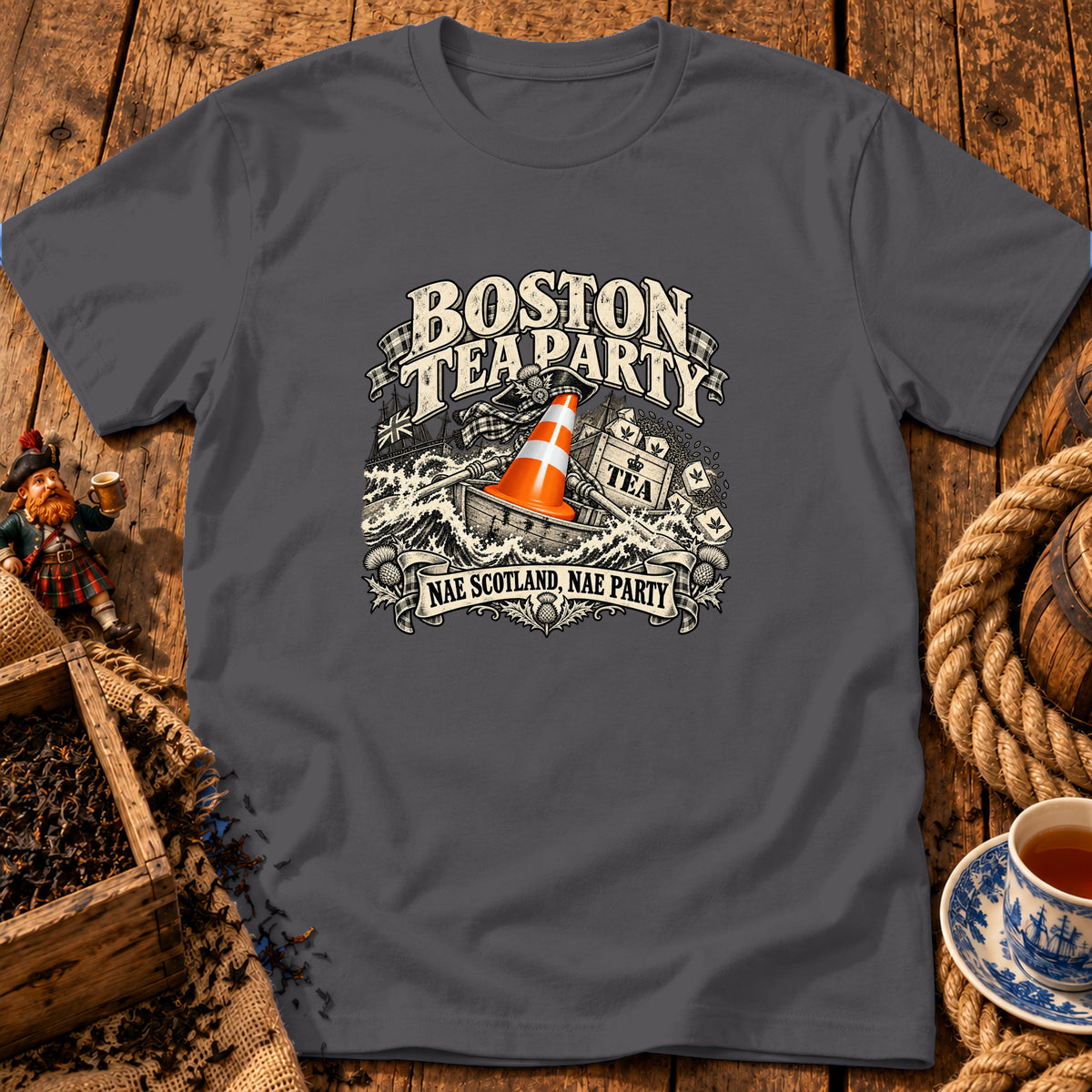 Charcoal t-shirt featuring a humorous graphic with a traffic cone on a boat and text reading BOSTON TEA PARTY.