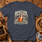 A dark gray t-shirt featuring a vintage-style graphic with a traffic cone and text reading Boston Tea Party Nae Scotland, Nae Party.