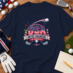 Navy blue t-shirt featuring a golf-themed graphic with patriotic text reading USA United Shankers of America.
