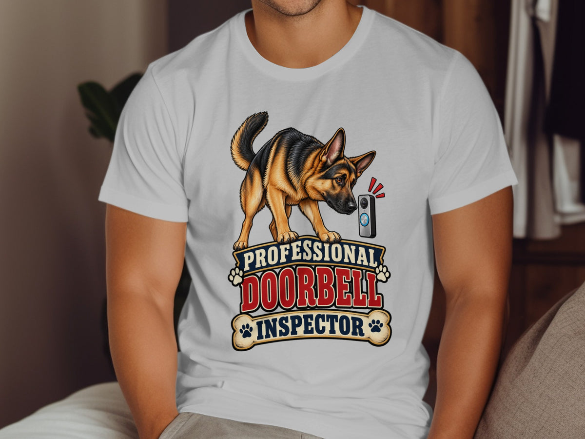 German Shepherd inspects doorbell with text "Professional Doorbell Inspector."