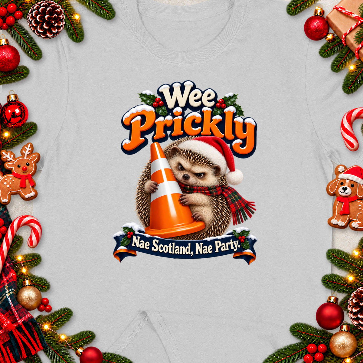 Hedgehog in Santa hat holding traffic cone, text "Wee Prickly. Nae Scotland, Nae Party."