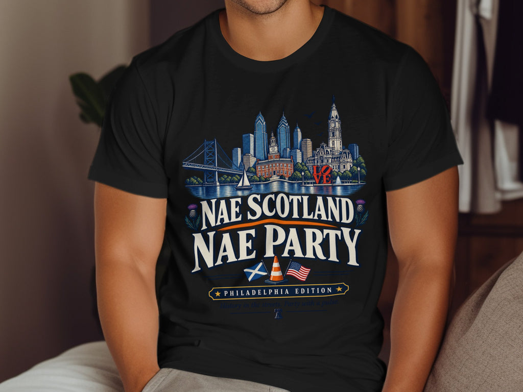 Black t-shirt with Philadelphia skyline graphic and "Nae Scotland Nae Party" text.