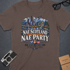 Brown t-shirt with "Nae Scotland Nae Party" and Denver skyline graphics.