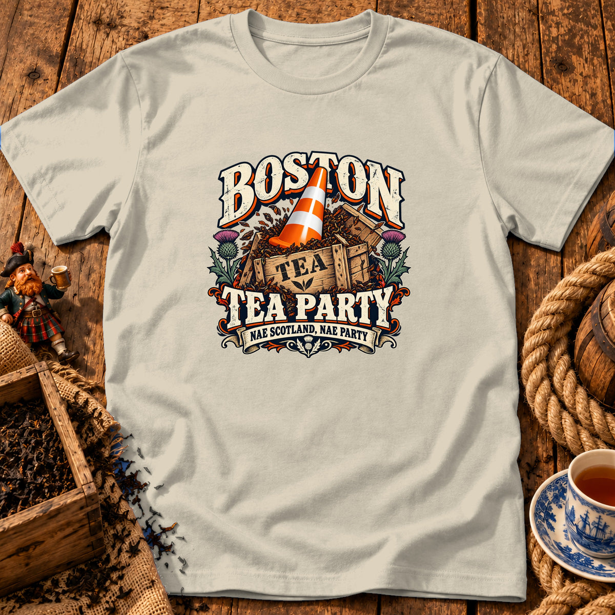 Light cream t-shirt featuring a colorful graphic of a Boston Tea Party design with a traffic cone.