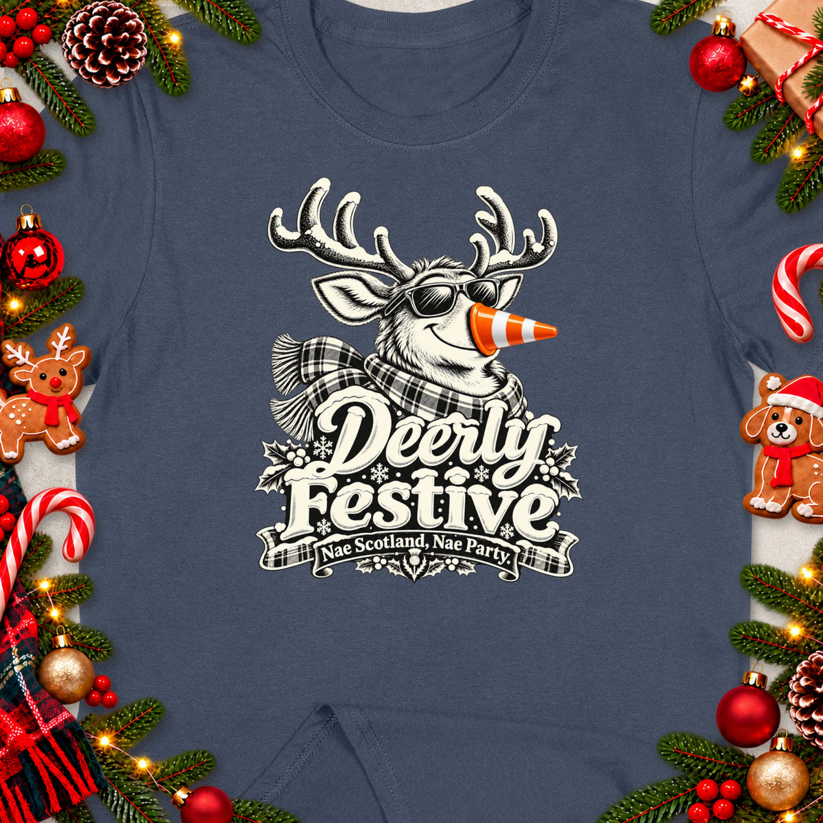 Reindeer wearing sunglasses and a traffic cone nose on a t-shirt with festive text.