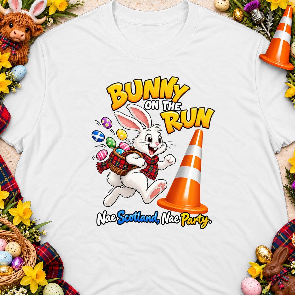 Bunny on the Run text with cartoon rabbit, Easter eggs, and traffic cone.
