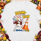 Bunny on the Run text with cartoon rabbit, Easter eggs, and traffic cone.