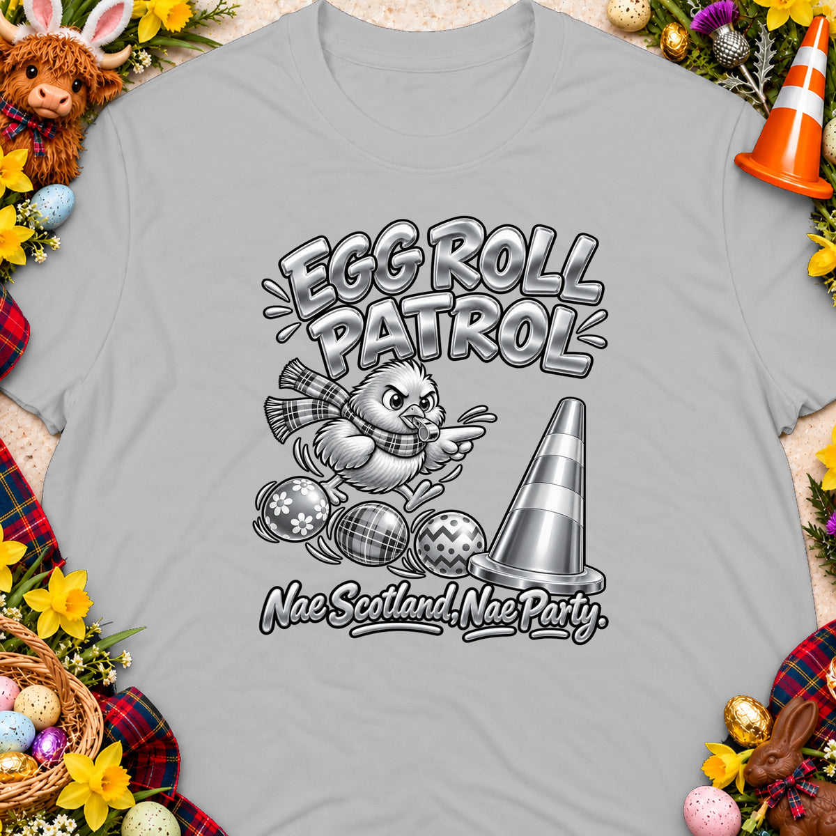 Gray t-shirt with cartoon chick, Easter eggs, and text "Egg Roll Patrol".
