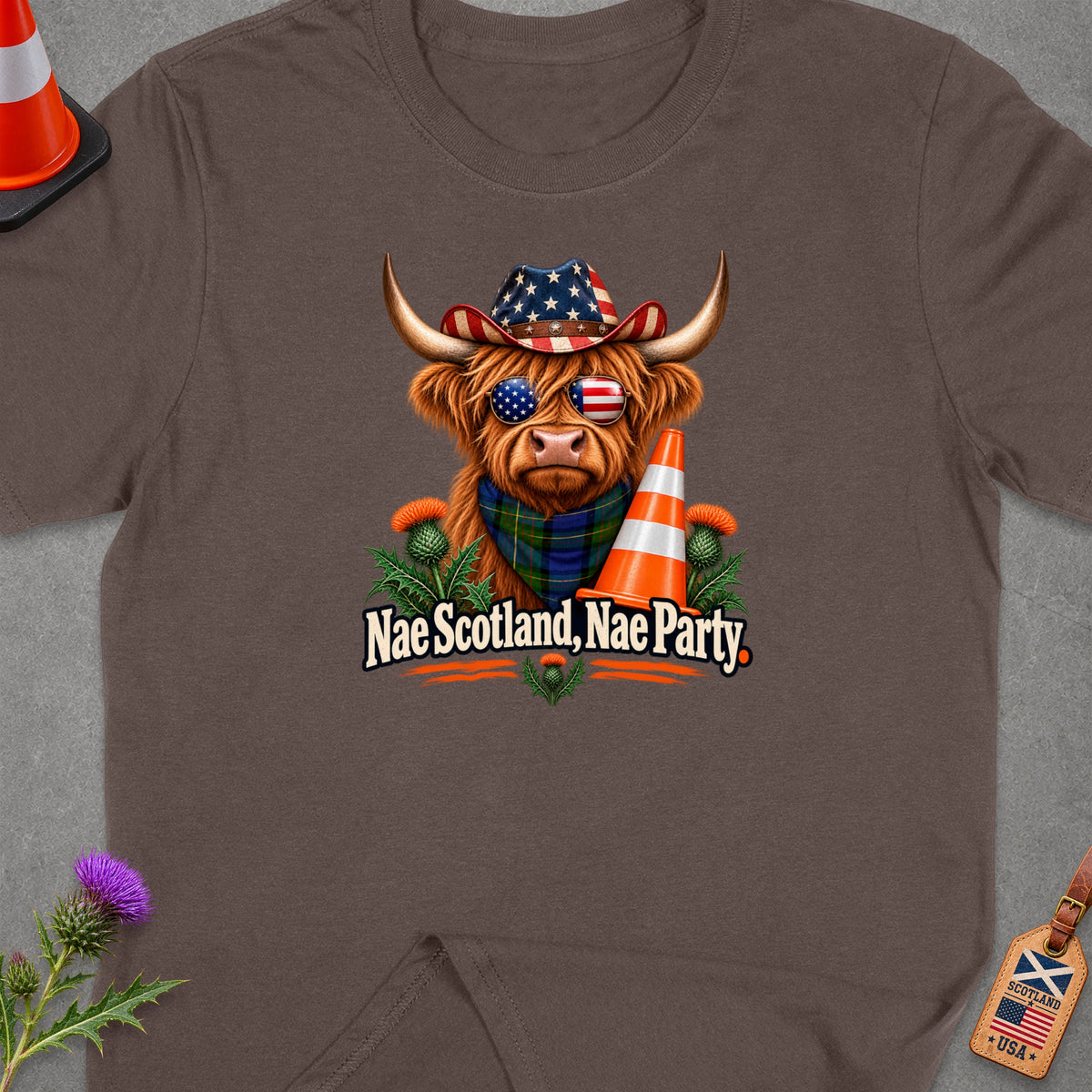 Highland cow with USA flag hat and sunglasses, text "Nae Scotland, Nae Party".
