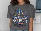 Dallas skyline graphic with "Nae Scotland Nae Party" text, flags, and slogan.