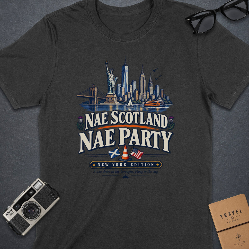 Dark grey t-shirt with New York skyline and "Nae Scotland Nae Party New York Edition" text.