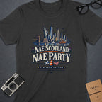 Dark grey t-shirt with New York skyline and "Nae Scotland Nae Party New York Edition" text.