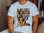 German Shepherd wearing a security vest, text "Trust me, I'm the security"
