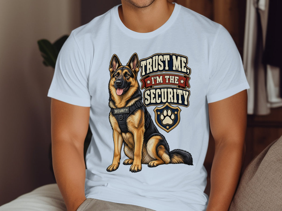 German Shepherd wearing a security vest, text "Trust me, I'm the security"