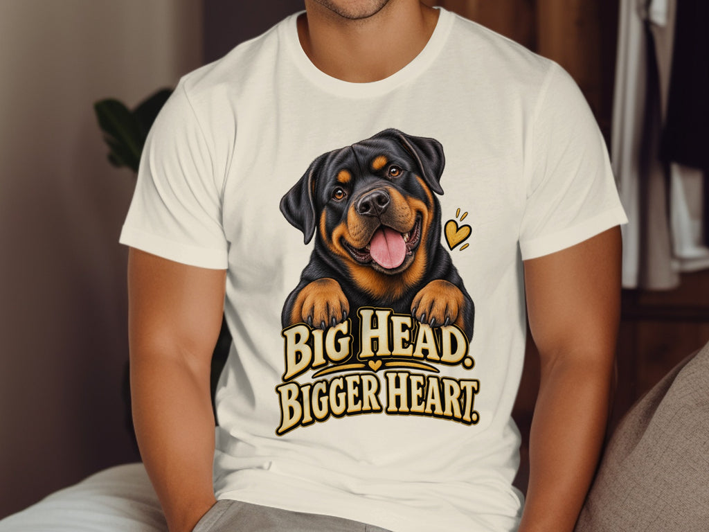 White t-shirt with Rottweiler graphic and "Big Head. Bigger Heart." text.