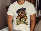 White t-shirt with Rottweiler graphic and "Big Head. Bigger Heart." text.