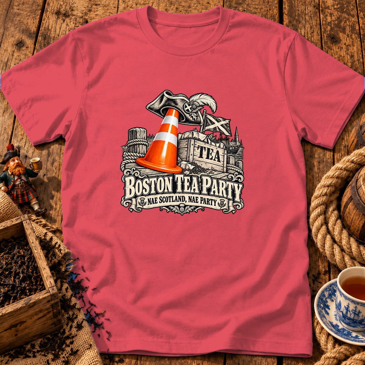 Pink t-shirt with a graphic of a traffic cone, pirate hat, and the text Boston Tea Party.