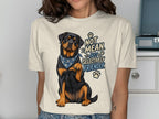 Rottweiler dog graphic on shirt with text "Not Mean. Just Selectively Friendly."
