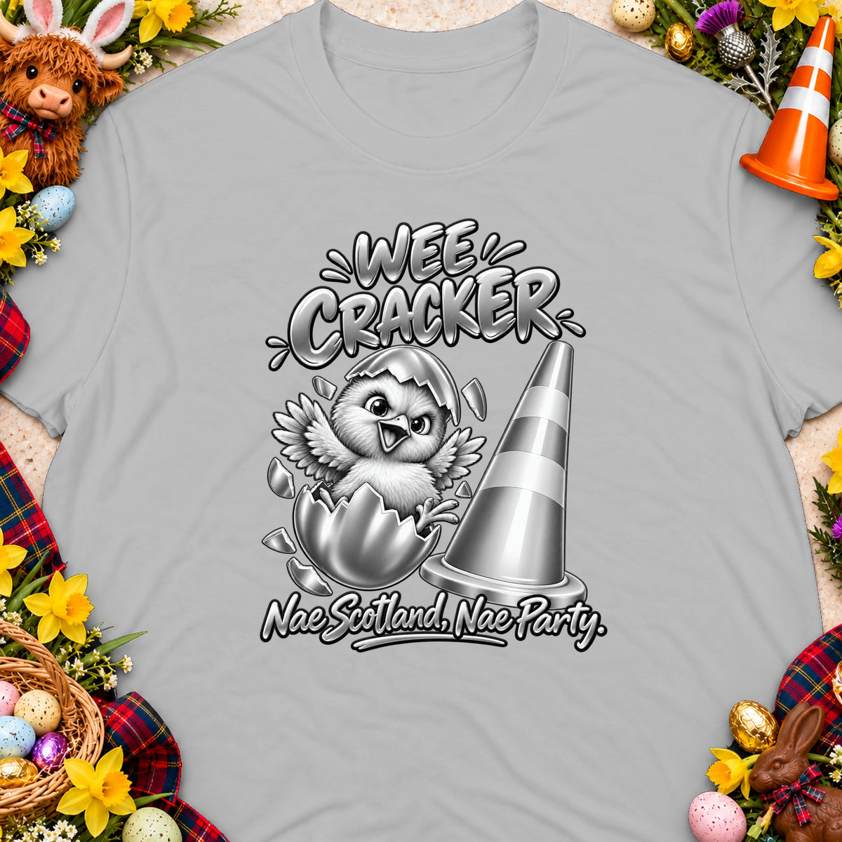 A cartoon chick hatching from an egg with "Wee Cracker" and "Nae Scotland, Nae Party." text.