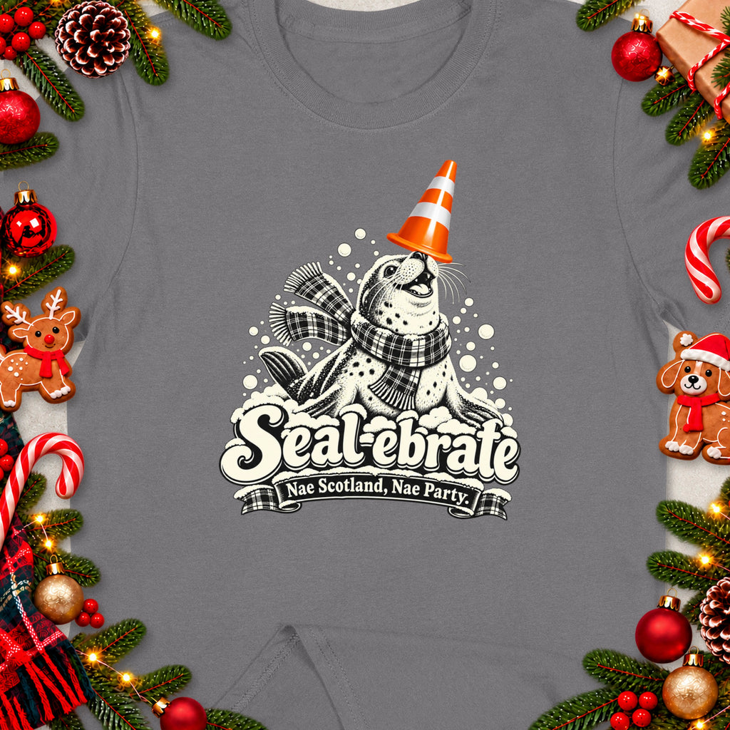 Seal wearing a traffic cone and scarf, with "Seal-ebrate Nae Scotland, Nae Party."