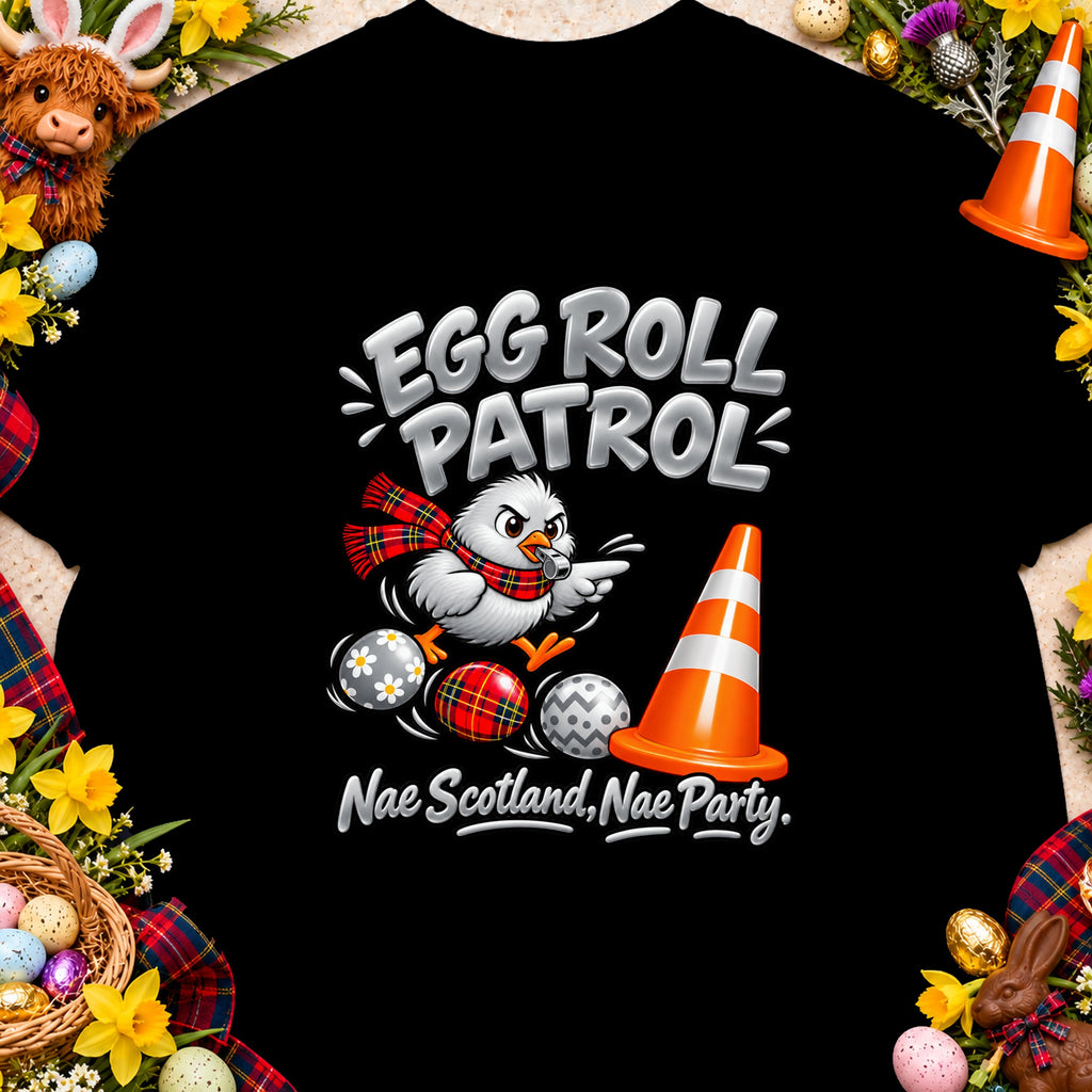 "Egg Roll Patrol" text with a cartoon chicken, traffic cone, and Easter eggs.