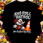"Egg Roll Patrol" text with a cartoon chicken, traffic cone, and Easter eggs.