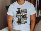 White t-shirt graphic with three Rottweilers and text: Rottie Mode, Protect, Cuddle, Repeat.