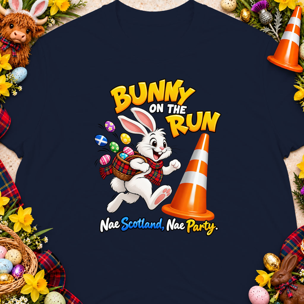 Bunny on the Run graphic with Easter eggs, traffic cone, and text.