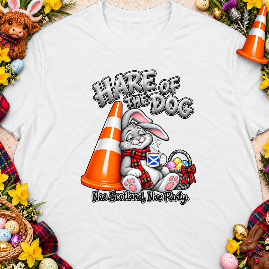 Hare of the Dog graphic with a bunny, traffic cone, and Easter basket.