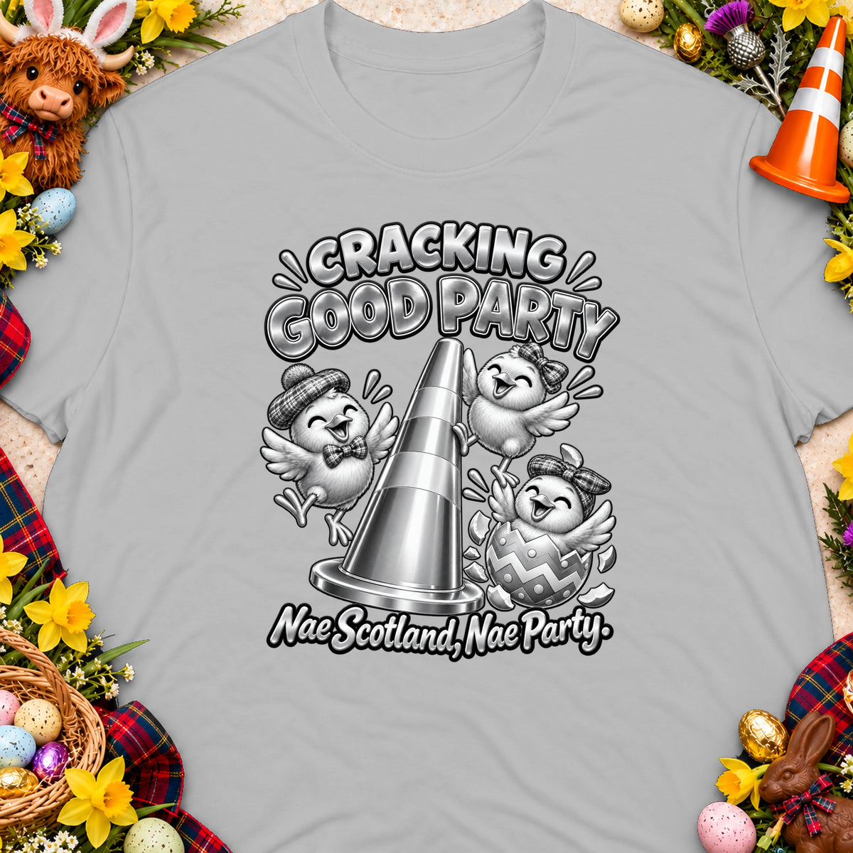 Three chicks with hats around a traffic cone with text "Cracking Good Party" and "Nae Scotland, Nae Party".