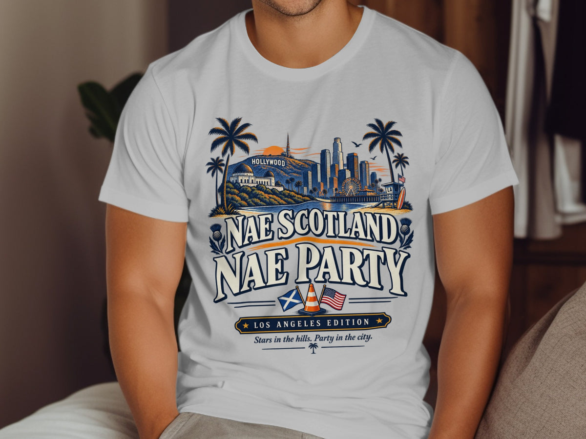T-shirt with Los Angeles skyline, palm trees, and "Nae Scotland Nae Party" text.
