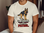 German Shepherd with K9 vest and text "Sit Happens. I Prefer Patrol."