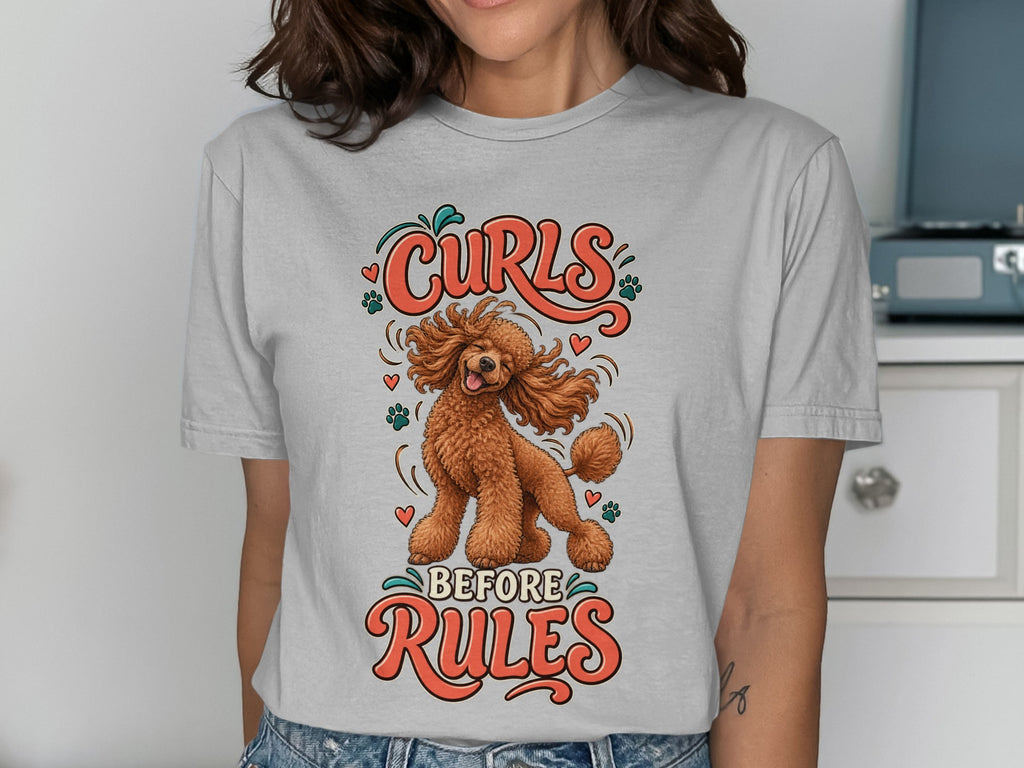 Grey t-shirt with poodle graphic and text "Curls Before Rules"
