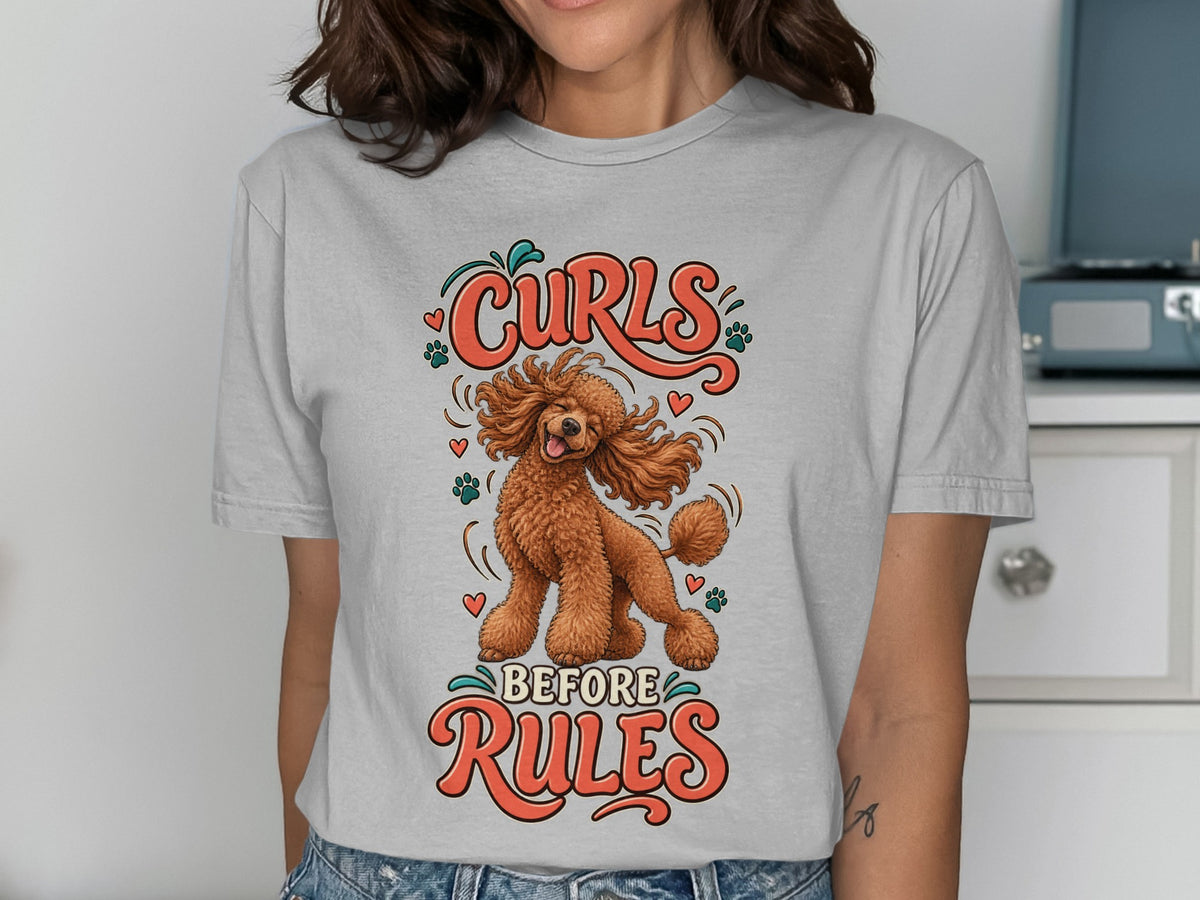 Grey t-shirt with poodle graphic and text "Curls Before Rules"