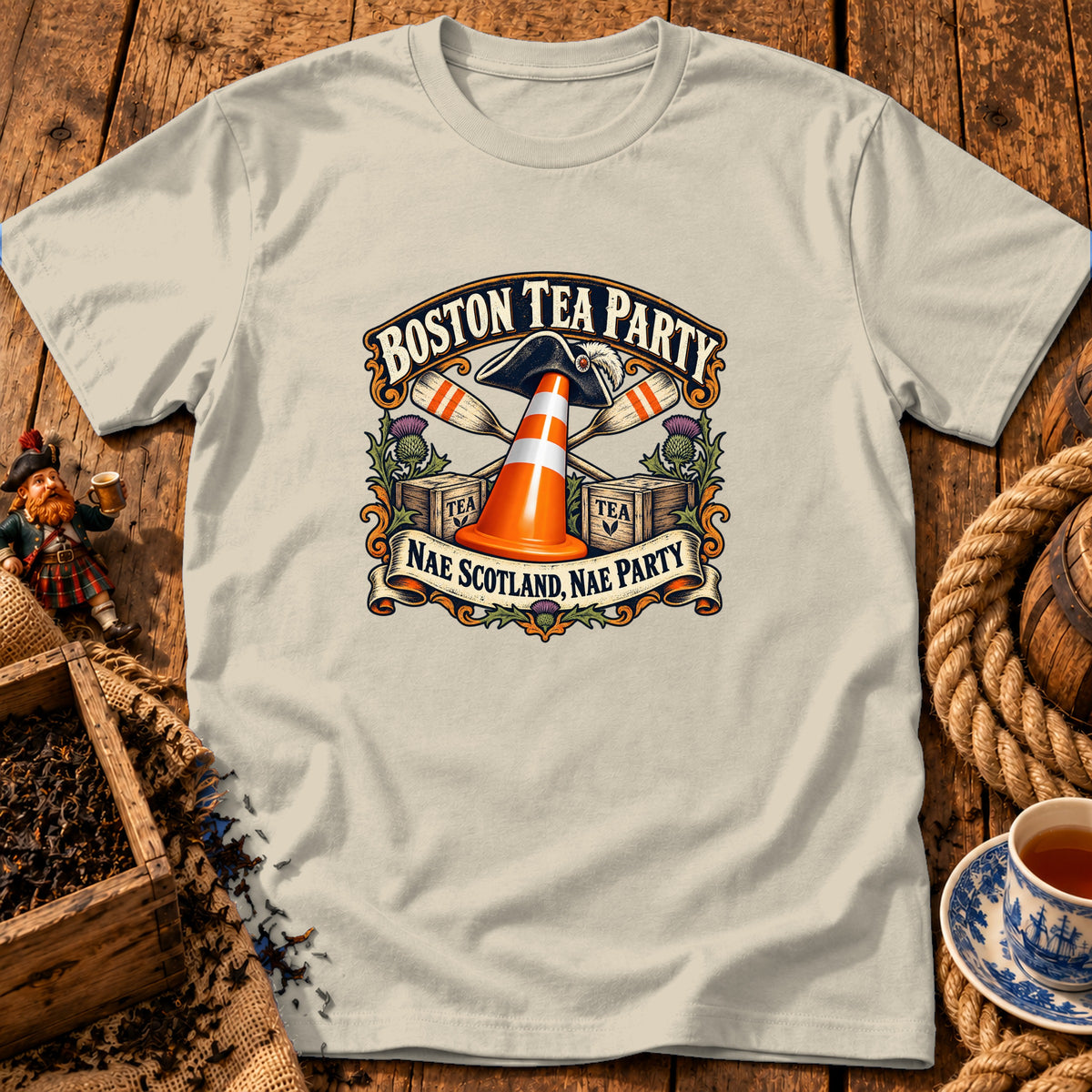 A cream-colored t-shirt featuring a humorous graphic with the text Boston Tea Party and Nae Scotland, Nae Party.