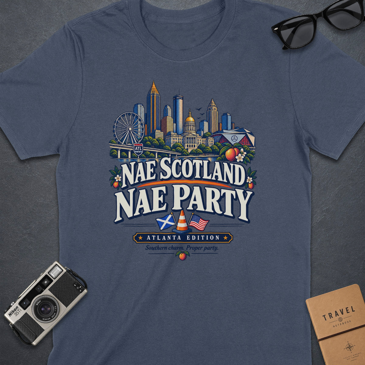 T-shirt with Atlanta skyline, "Nae Scotland Nae Party" text, and Atlanta edition slogan.