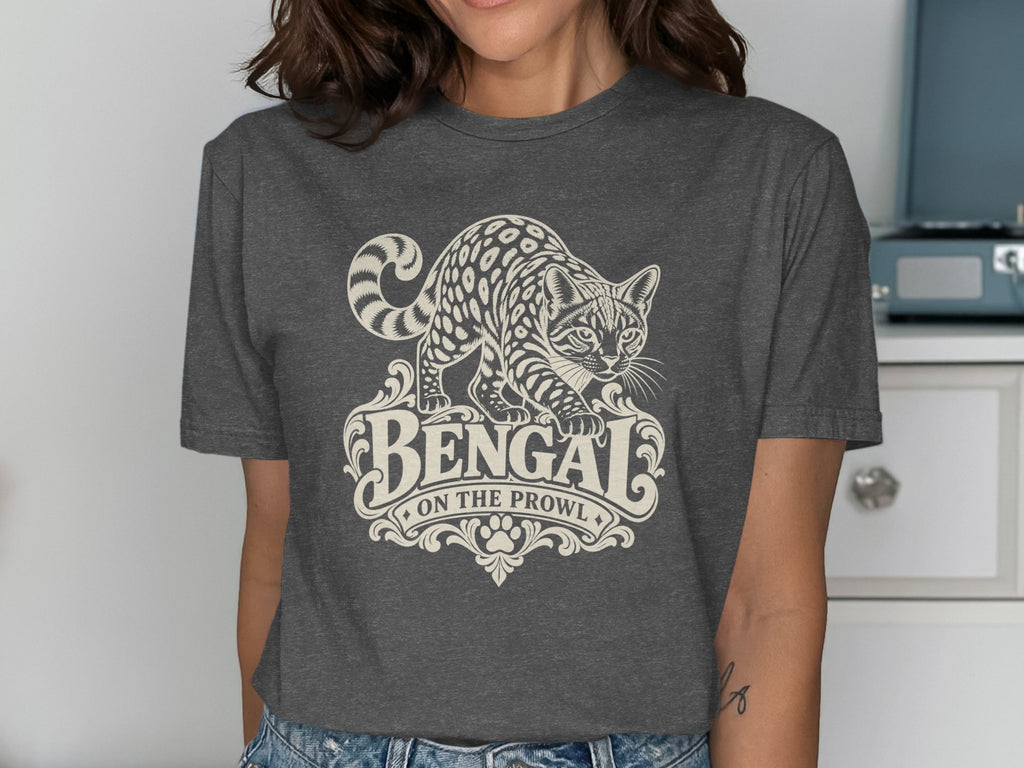 Dark t-shirt with a Bengal cat illustration and text reading "Bengal On The Prowl".