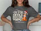 T-shirt with "Out of Office, Into the Whisky" text, traffic cone, and whisky glass.