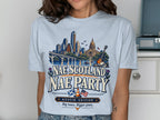 Light blue t-shirt with Austin skyline, "Nae Scotland Nae Party" text, and Texas longhorn.