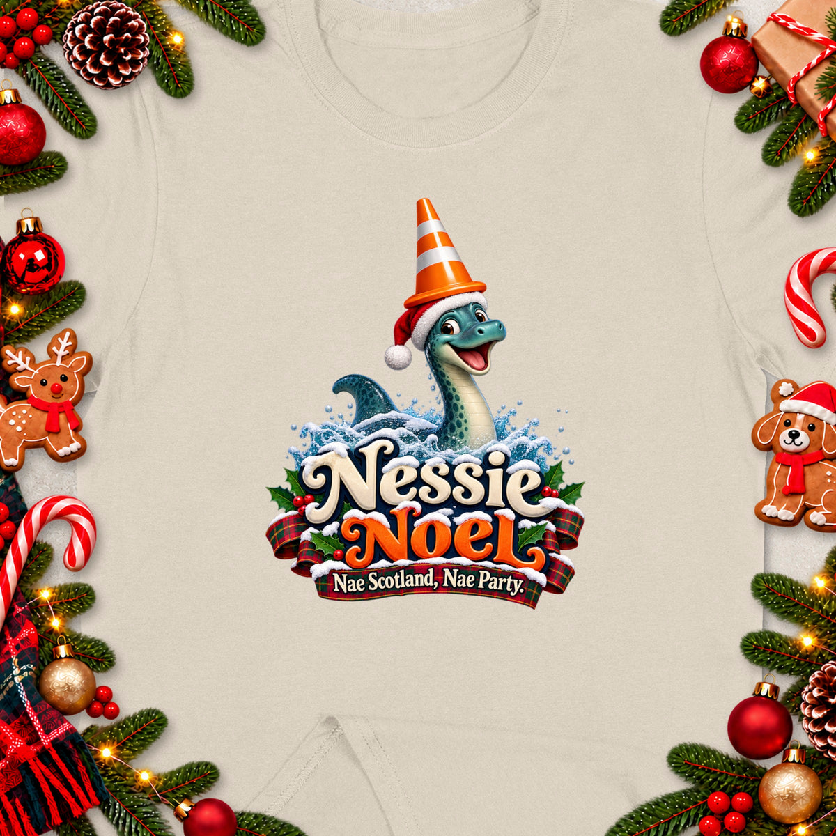 Nessie Noel graphic with a cheerful Loch Ness Monster wearing a Santa hat and cone.