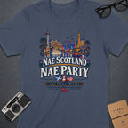 T-shirt graphic with Las Vegas skyline, "Nae Scotland Nae Party" text, and Scottish and American flags.