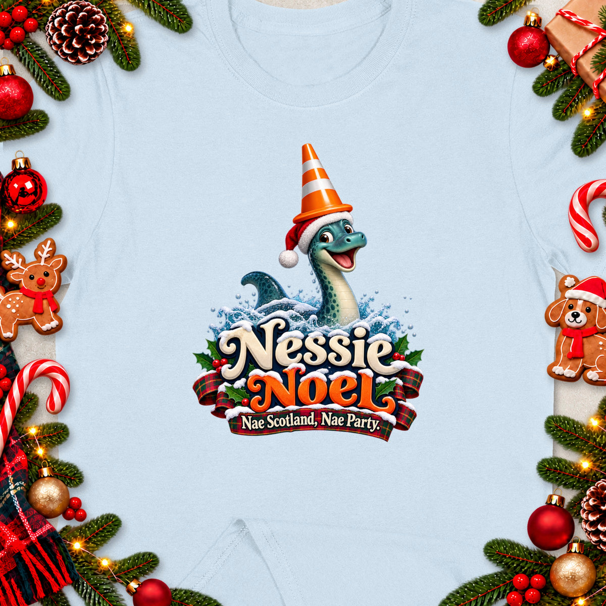 Christmas t-shirt graphic with Nessie, "Nessie Noel" text, and festive accents.